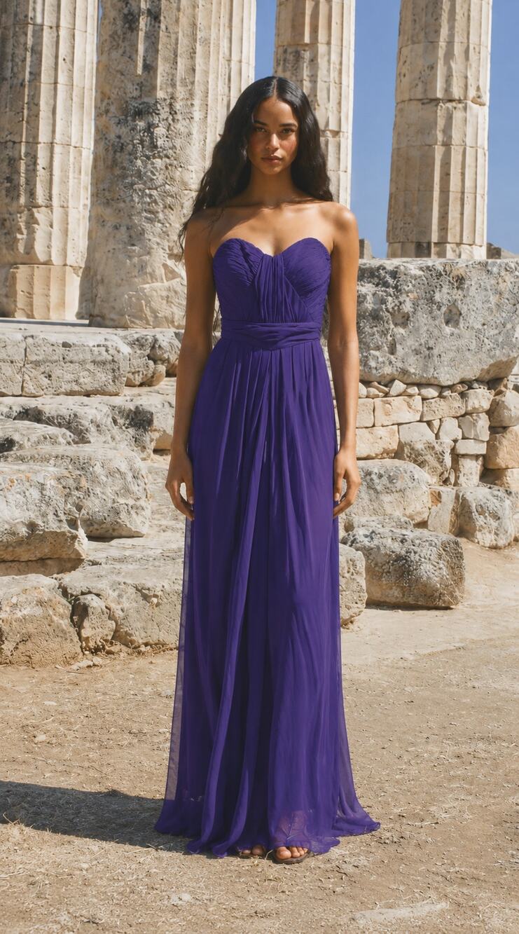 Badgley Mischka | Eggplant Purple Grecian Strapless Chiffon Goddess Gown 6